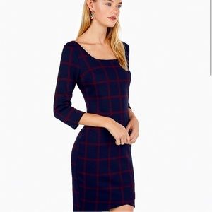 Windowpane Three-Quarter Sleeve Criss-Cross Hem Dress, EXPRESS